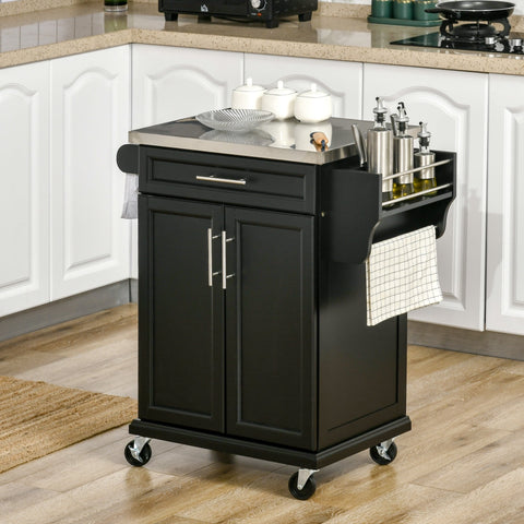 Rootz Kitchen Serving Trolley - Kitchen Island - Rolling Cabinet - Stainless Steel Plate - 91cm x 84cm x 46cm - Convenient Storage & Mobility