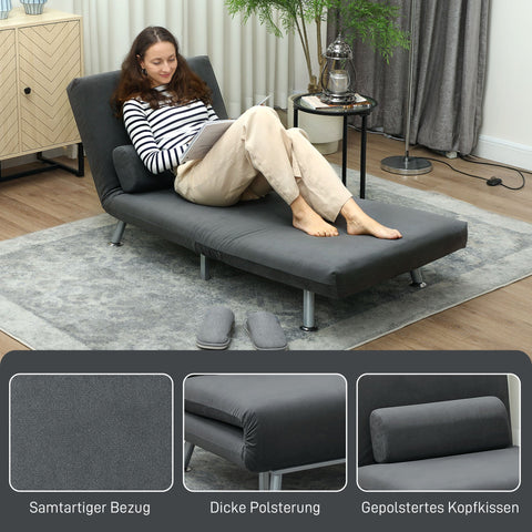 Rootz Folding Armchair with Bed Function - Velvet Recliner - Adjustable Chair - Compact & Space-Saving - 75 x 70 x 75 cm Grey