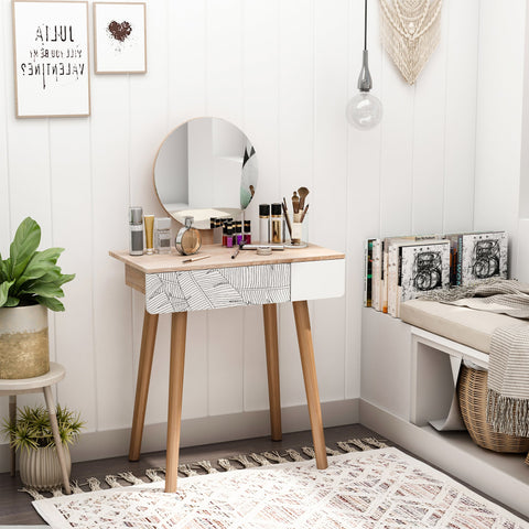 Rootz White+Brown Dressing Table - Vanity Table - Cosmetic Table - Large Drawer & Adjustable Mirror - 70cm x 39cm x 119-128cm