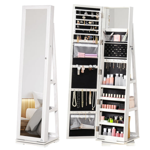 Rootz Lockable Rotating Jewelry Box with Mirror - Jewelry Cabinet - Organizer - MDF White - 360° Rotation - 38x38x160cm