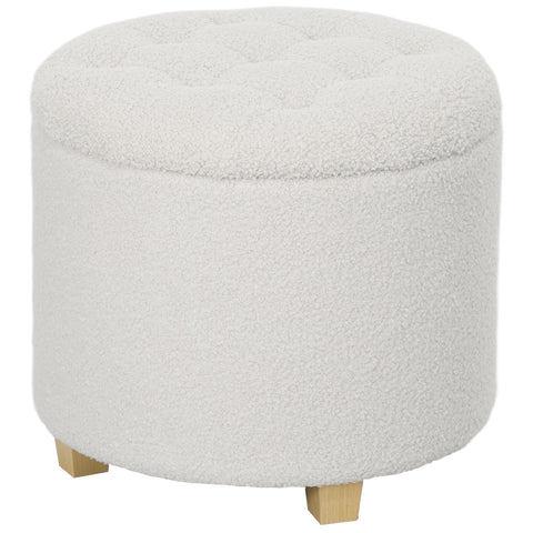 Rootz Sitting Stool with Storage Space - Ottoman - Storage Box - 40.5L Hidden Storage - Ø45 x 41H cm - White - Wooden Legs