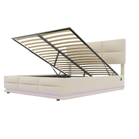 Rootz Modern Bed - Storage Bed - LED Bed - USB Charging - Velvet Comfort - 208.5cm x 144cm x 105-115cm