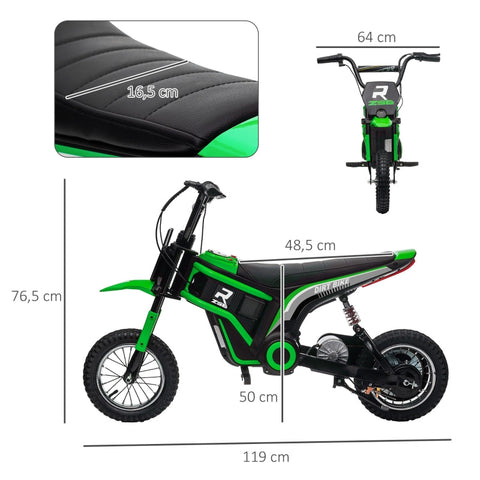 Rootz Kids Electric Motorcycle - Children's Ride-On Bike - 24V Motor - Integrated Music & Lights - Shock-Absorbing Wheels - Green - 119cm x 64cm x 76.5cm