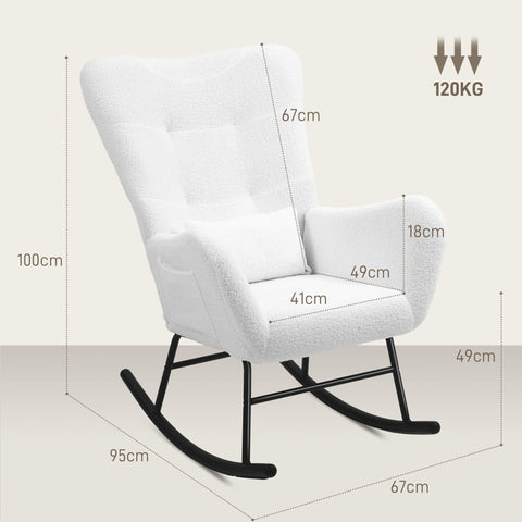 Rootz Rocking Chair - Fluffy Chair - Glider Chair - Luxurious Comfort - 67cm x 95cm x 100cm - White