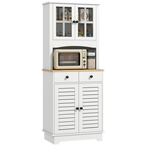 Rootz Kitchen Cabinet with Glass Doors - Dish Storage - Dining Room Cabinet - Ample Storage - 68 x 39.5 x 170 cm, White-Brown