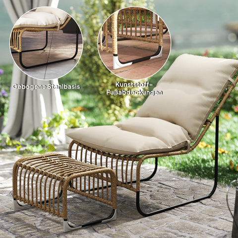 Rootz Rattan Relaxation Armchair with Foot Stool - Garden Armchair - Outdoor Lounge Chair - UV-Resistant - 65 x 93 x 80 cm