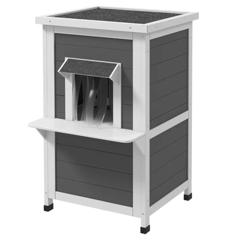 Rootz Cat House - Two Levels - Outdoor - Weatherproof - Fir Wood - White + Gray - 60 cm x 60 cm x 81.5 cm