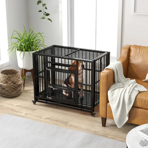 Rootz Dog Crate - Heavy Duty Dog Cage - Including Base Tray - Lock - Universal Wheels - Removable Tray - Black - 94 cm x 58 cm x 78 cm
