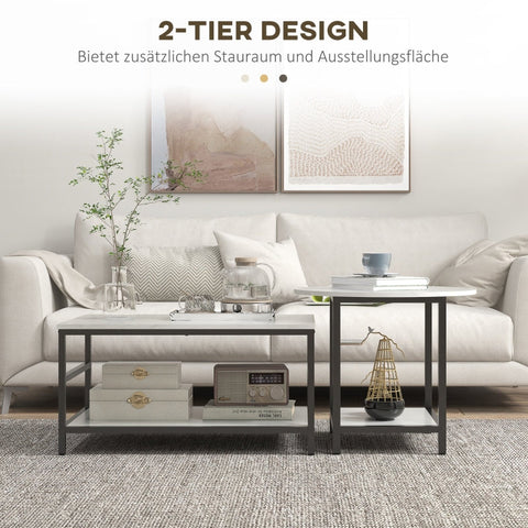 Rootz Marble Look Coffee Tables Set - Side Tables - Living Room Furniture - Steel Frame - 80cm x 54cm x 41cm, 60cm x 60cm x 51cm