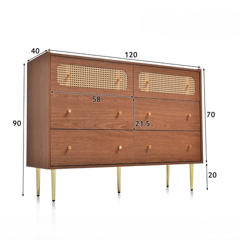 Rootz 6-Drawer Faux Rattan Chest - Dresser - Storage Organizer - Ample Space - 120cm x 40cm x 90cm