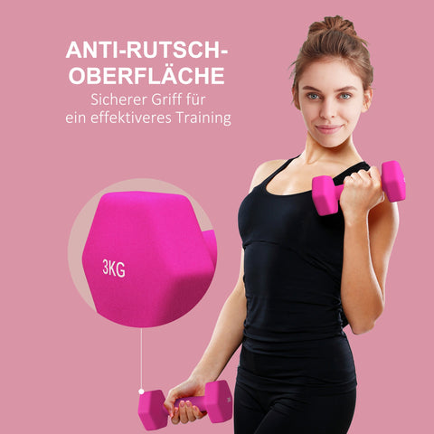 Rootz 2 x 3kg Dumbbell Set - Hand Weights - Exercise Weights - Floor-Friendly - 18x8x8cm - Hexagonal Design - Non-Slip Handles - Pink