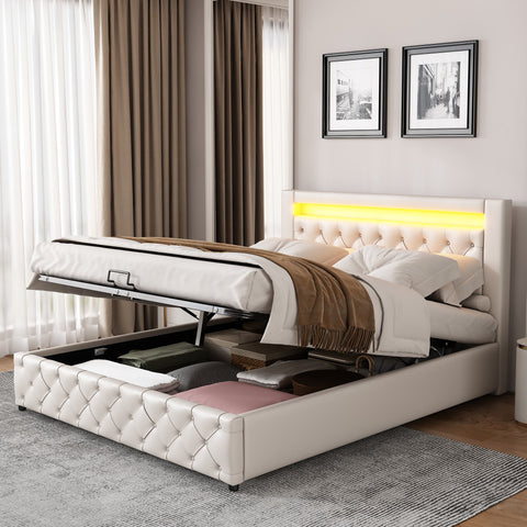 Rootz Upholstered Bed - Platform Bed - Storage Bed - LED Lighting - 207cm x 162cm x 100cm