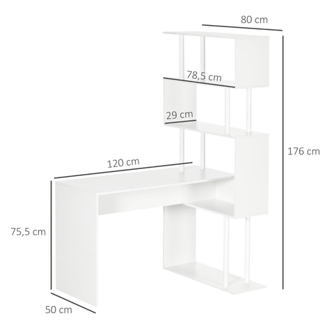 Rootz Gaming Table with 4 Shelves - Corner Desk - Computer Desk - Spacious Work Surface - Ample Storage - Space-Saving Design - 120cm x 80cm x 176cm - White Chipboard