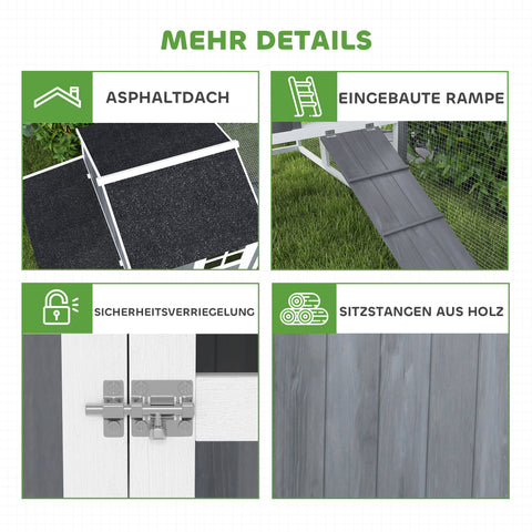 Rootz Chicken Coop with Run - Poultry House - Fir Wood - Secure Nesting Box - 236.5cm x 91cm x 114cm - Ideal for 3-4 Chickens - Grey