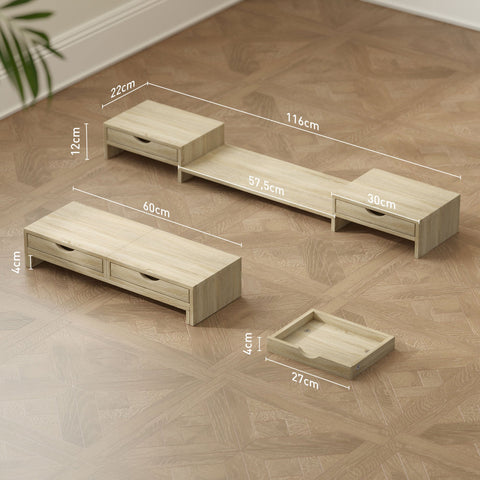 Rootz Monitor Stand - PC Desk Organizer - Screen Riser - Ergonomic Design - 60-116cm Adjustable - Dual Drawers - Brown