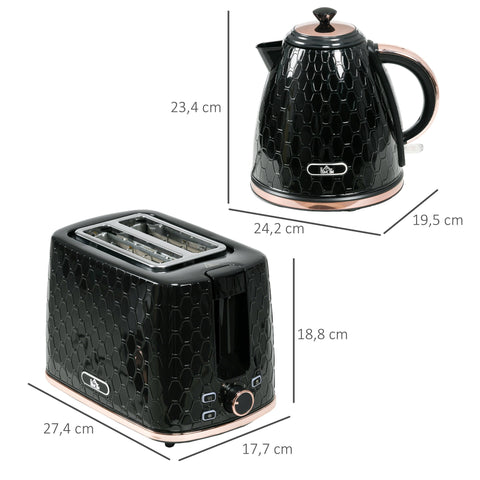 Rootz Kettle and Toaster Set - Quick Boil - Even Browning - LED Display - Black - 1.7L Capacity - 27.4x17.7x18.8cm