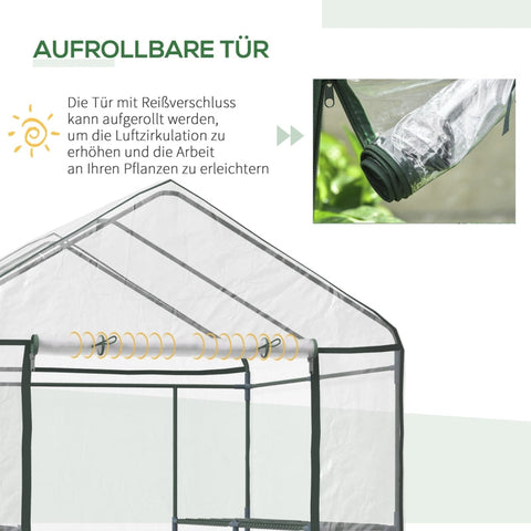 Rootz Walk-In Film Greenhouse - Garden Shed - Plant Shelter - Extends Growing Season - 6 Shelves - Roll-Up Zippered Door - 143cm x 143cm x 195cm
