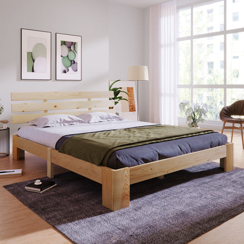 Rootz Double Bed with Headboard - Pine Wood Bed Frame - Natural Wood Bed - 144cm x 210cm x 67.5cm