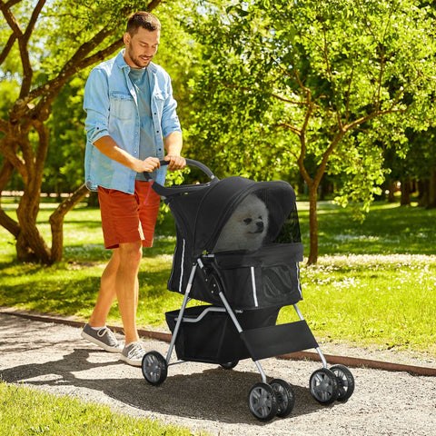 Rootz Foldable Dog Stroller - Pet Buggy - Animal Pushchair - Convenient Mobility - Sun Canopy, 2 Cup Holders, Black, 75x45x97cm