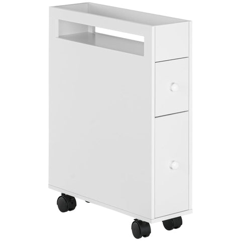 Rootz Bathroom Cabinet - Slim Design - Rolling Cabinet - Two Drawers - Four Wheels - MDF Frame - White - 16L x 49.5W x 66H cm