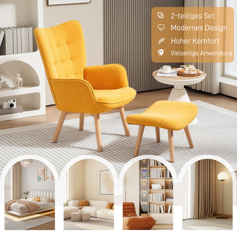 Rootz Accent Chair with Stool - Relaxation Chair - Armchair - Wood Legs - High Comfort - 72cm x 80cm x 101cm - Yellow Corduroy