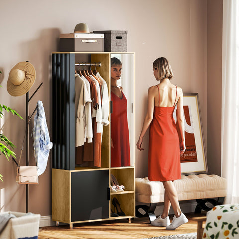 Rootz Wardrobe with Mirror - Closet - Storage Unit - Full-Body Mirror - 80B x 30T x 175H cm, Black & Brown