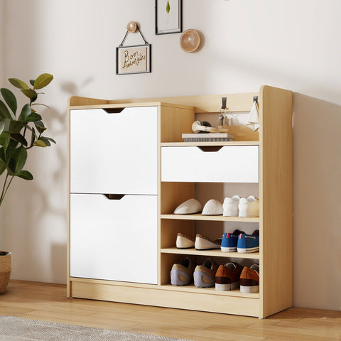 Rootz Shoe Cabinet - Hallway Organizer - Tipping Drawer Unit - Holds 14 Pairs - Brown & White - 93cm x 30cm x 90cm