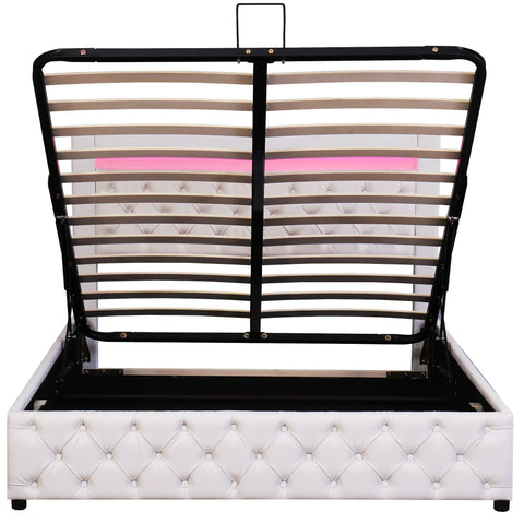 Rootz Upholstered Bed - Slatted Frame - Storage Space - LED Lighting - 140 x 200 cm - White - Durable PU Frame - 207L x 142W x 99H cm