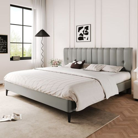 Rootz Gray Upholstered Bed - Elegant Bed Frame - Easy-Clean PU - Supports 300kg - 203L x 168W x 107.5H cm - Modern Design