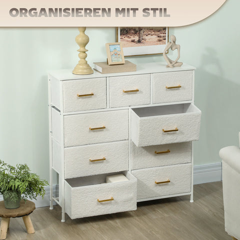 Rootz Fabric Dresser - Storage Chest - 9 Drawer Organizer - Versatile and Elegant - 99cm x 30.5cm x 28cm - Cream White
