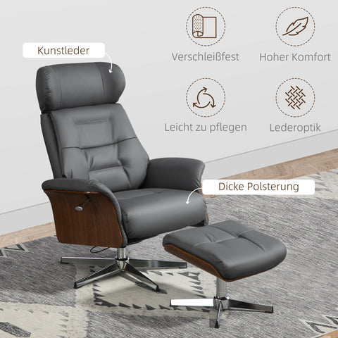 Rootz Relaxation Chair with Stool - Reclining Swivel Chair - Leather Look Armchair - 360° Rotation - 80W x 84D x 108H cm