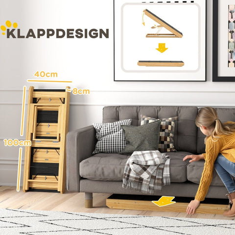 Rootz Pet Stairs - Dog Staircase & Ramp - Pine Wood - Adjustable Height - Foldable Design - Non-Slip Surface - 83cm x 40cm x 62.5cm