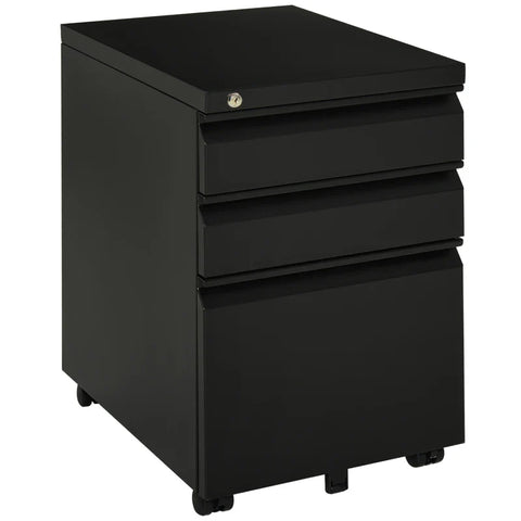 Rootz Rolling Container - Filing Cabinet - 3 Drawers - 5 Wheels - Hanging File - Lockable - Steel - Black - 39 x 48 x 60 cm