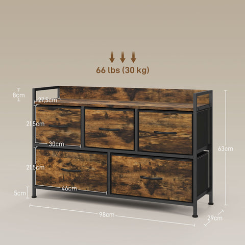 Rootz Chest of Drawers - Storage Cabinet - Industrial Style - Steel Frame - 98cm x 29cm x 63cm - Melamine Wood - Rustikalbraun