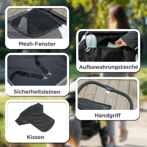 Rootz Foldable Dog Buggy - Pet Car - Pet Stroller - Easy Storage - 124cm x 67cm x 100cm - Grey