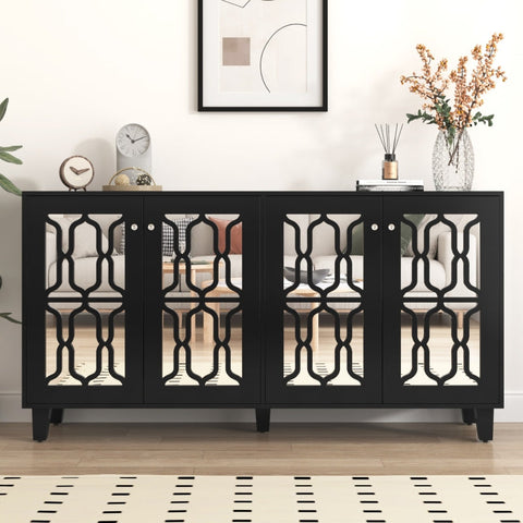 Rootz Black Mirrored Sideboard - Luxury Buffet - Storage Cabinet - Durable MDF - 160L x 40W x 84H cm