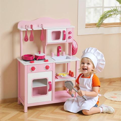 Rootz Children's Play Kitchen - Wooden Toy Kitchen - Pretend Cooking Set - Compact, Safe, Educational - 55x24x86cm - Pink