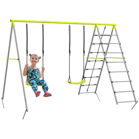 Rootz Children's Swing Set - with Climbing Net - Rung Ladder for Children - Steel Frame - Green - 260cm x 185cm x 180cm