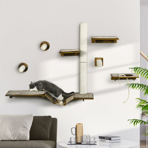 Rootz Cat Wall Shelf Set - Climbing Wall - Cat Platforms - Sisal Scratch Surfaces - Secure Support - 136cm x 29cm x 8.5cm