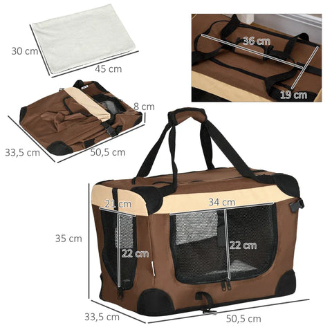 Rootz Dog Carrier Bag - Carrying Bag - 3 Entrances - Oxford Fabric - Mesh Fabric - Foldable - Brown + Beige - 70 x 51 x 50 cm