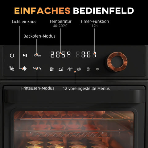 Rootz Black Mini Oven - Air Fryer - Countertop Oven - 6 Presets - Even Cooking - Saves Time & Energy - 33.5cm x 32cm x 32.5cm