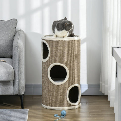 Rootz Cat Scratching Barrel - Kitty Condo - Cat Tree - Soft Plush - Sisal Rope - Sleep Cave - 38cm x 70cm - Brown
