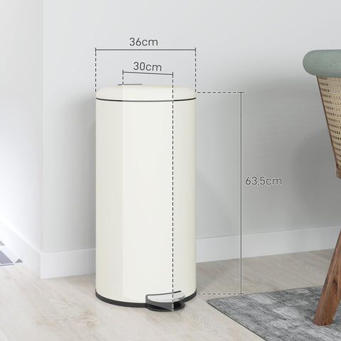 Rootz Trash Can 30L - Pedal Bin - Stain Resistant Bin - Hands-Free Use - 36cm x 30cm x 63.5cm - White