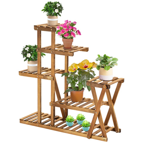 Rootz Wooden Flower Rack Plant Stand - Flower Stand - 6 Tier Shelves - Charred Pine - Indoor & Outdoor Use - 98L x 28W x 95H cm