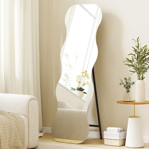 Rootz Full-Length Mirror - Standing Mirror - Floor Mirror - Shatterproof Safety Glass, Pine Wood Base, 160x50 cm, Black, Wave Design, Frameless