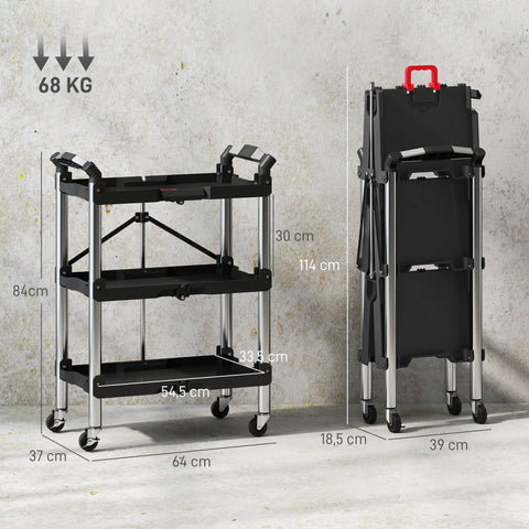Rootz Tool Trolley - Foldable Tool Cart - Rolling Tool Cart - Durable Storage Solution - 64cm x 37cm x 84cm