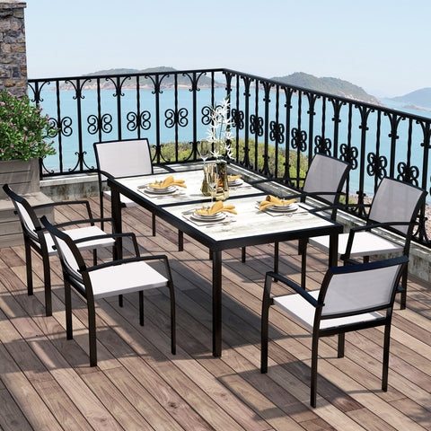 Rootz 7 Piece Eating Set - Garden Dining Set - Outdoor Furniture - Stackable & Easy to Clean - Steel Frame - Table 180x87x72cm, Chairs 55.5x59x80cm, Grey