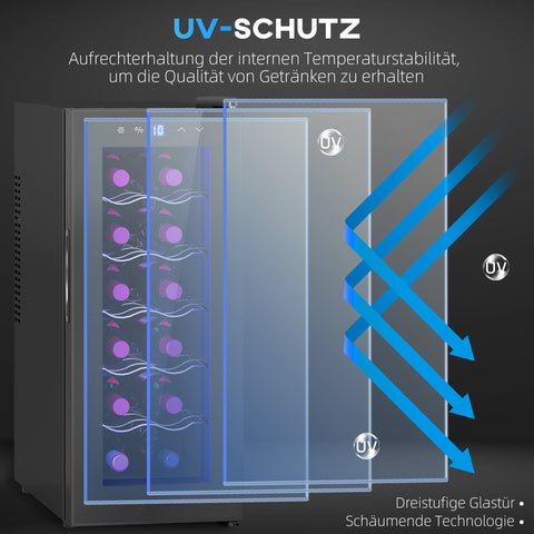 Rootz 12 Bottle Wine Fridge - Drinks Fridge - Beverage Cooler - Energy Efficient - 26.5 cm W x 51.5 cm D x 65 H cm - Touch Screen & LED Light