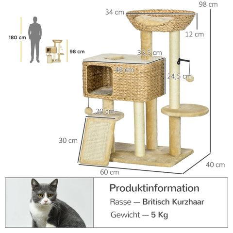 Rootz Cat Scratching Post - Cat Tree - Feline Playground - Sisal Rope Columns - Cozy Relaxation Spots - Stable Construction - 60cm x 40cm x 98cm
