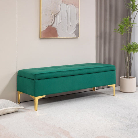 Rootz Green Velvet Storage Bed Bench - Entryway Bench - Upholstered Bench - Button Tufted Design - Gold Legs - 120cm x 44cm x 44.5cm